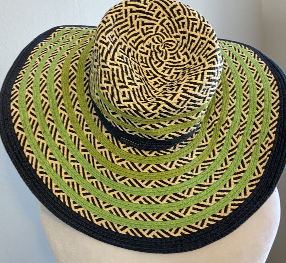 Prana Wide Brim Dora Sun Hat Green Paper Straw Woven Geometric Pattern Beach
